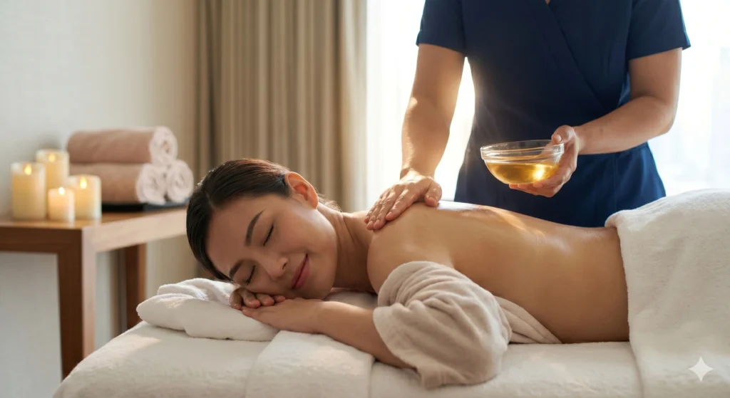 ขวดแก้วบรรจุสมุนไพรแห้ง, หินนวดร้อนภูเขาไฟ และดอกลีลาวดีวางอยู่บนผ้าขนหนูสีขาวสะท้อนแสงนวลสื่อถึงมาตรฐานและความสะอาด